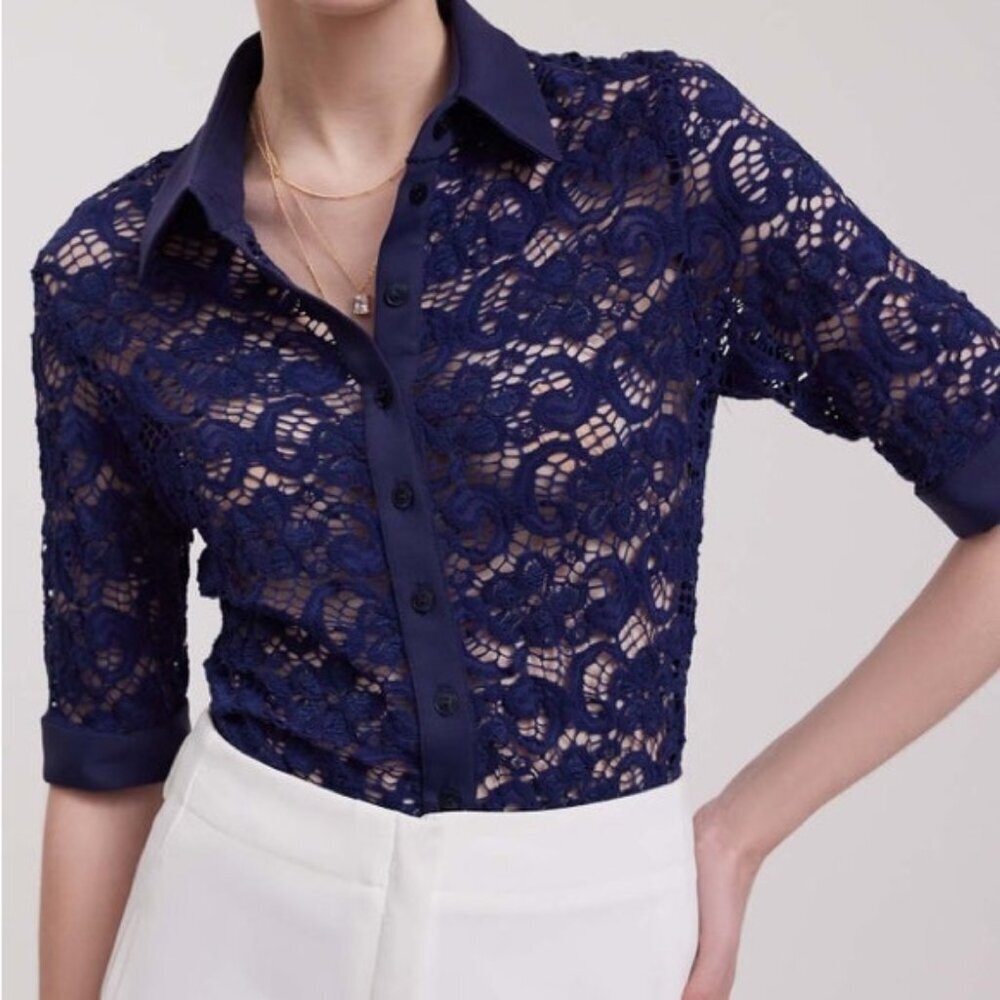 Anne Fontaine Navy Lace Button-Down Blouse